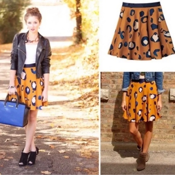 3.1 Phillip Lim Orange Blue Leopard Print A-Line Skater Skirt Size 14 - Picture 4 of 5